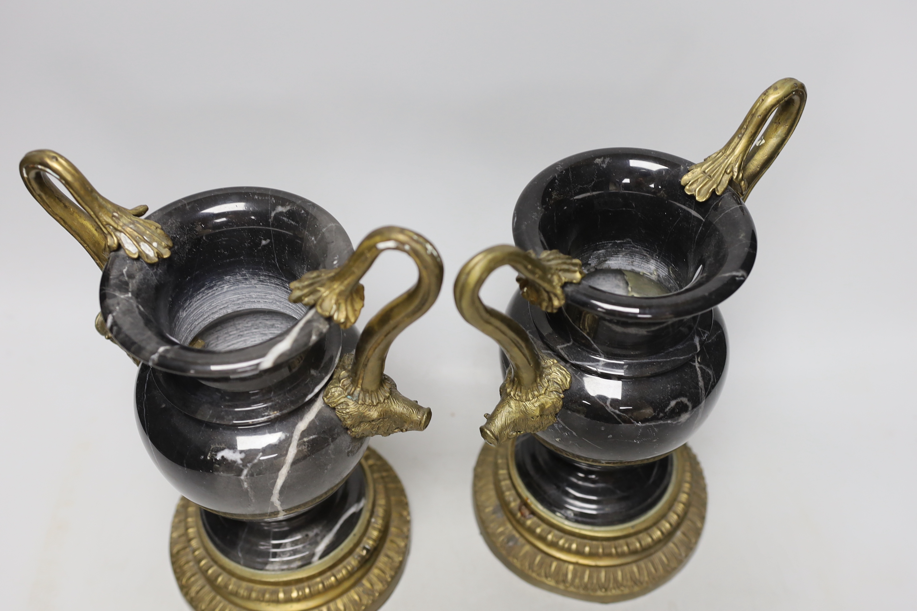 A pair of late 19th century ormolu and marble vases, 28cm